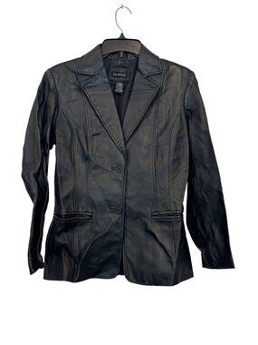 George Ladies Black Genuine Leather Blazer Jacket Size Small 4/6 Button Front Fu